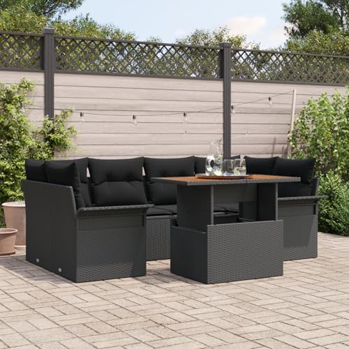 HOMEELIKE 7-teiliges Garten-Sofa-Set mit Kissen Schwarz Poly Rattan Akazie von HOMEELIKE