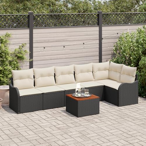 HOMEELIKE 7-teiliges Garten-Sofa-Set mit Kissen Schwarz Poly-Rattan Akazie von HOMEELIKE