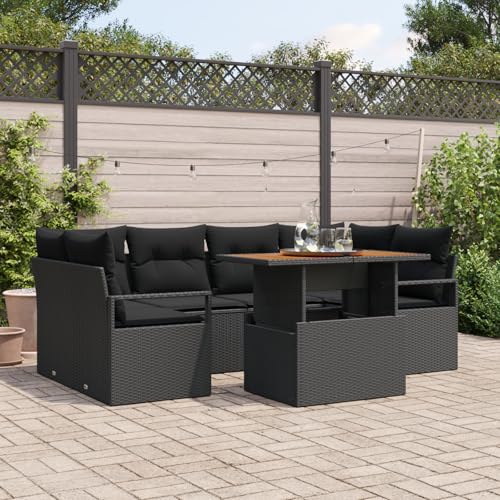 HOMEELIKE 7-teiliges Garten Sofa Set mit Kissen Schwarz Poly Rattan Akazienholz von HOMEELIKE