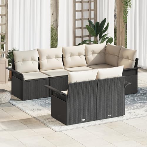HOMEELIKE 7-teiliges Garten-Sofa-Set mit Kissen Schwarz Poly-Rattan von HOMEELIKE