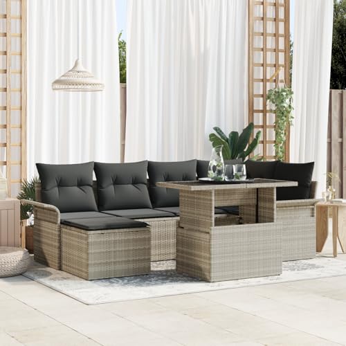 HOMEELIKE 7-teiliges Garten-Sofa-Set mit Kissen in Hellgrau aus Poly-Rattan von HOMEELIKE