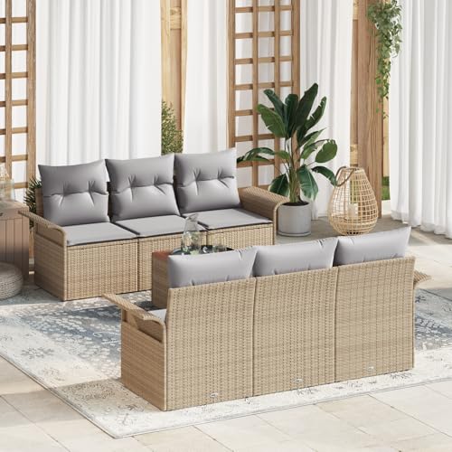 HOMEELIKE 7-teiliges Garten-Sofa-Set mit Kissen in beigem Poly-Rattan von HOMEELIKE