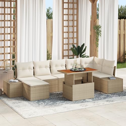 HOMEELIKE 8-TLG. Garten-Essgruppe mit Kissen Beige Poly Rattan Akazie von HOMEELIKE