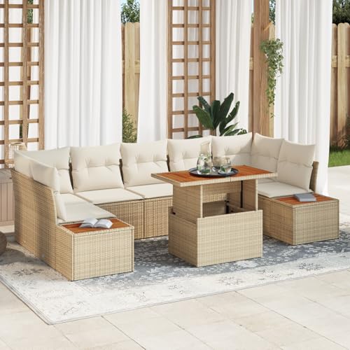 HOMEELIKE 8-TLG. Garten-Essgruppe mit Kissen Beige Poly Rattan Akazie von HOMEELIKE