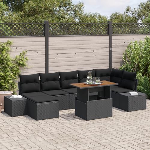 HOMEELIKE 8-TLG. Garten-Essgruppe mit Kissen Schwarz Poly Rattan Akazie von HOMEELIKE