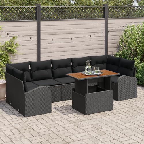 HOMEELIKE 8-TLG. Garten-Essgruppe mit Kissen Schwarz Poly Rattan Akazie von HOMEELIKE