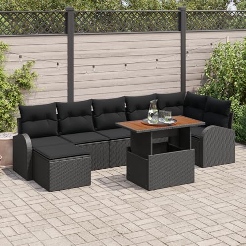 HOMEELIKE 8-teiliges Garten Essgruppe mit Kissen Schwarz Poly Rattan Akazie von HOMEELIKE