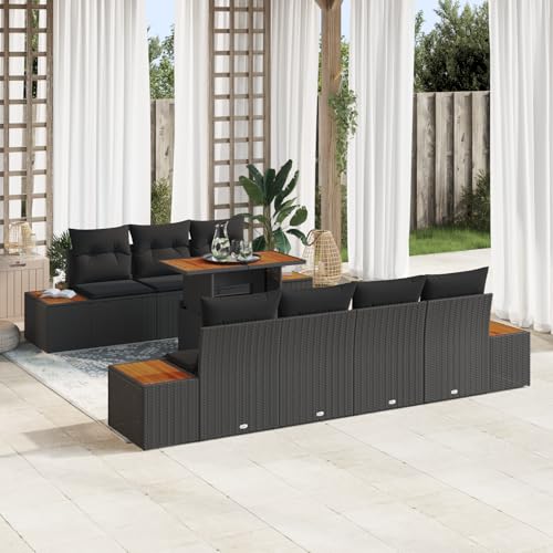 HOMEELIKE 8-teiliges Garten-Esszimmer-Set mit Kissen in Schwarz aus Poly-Rattan und Akazie von HOMEELIKE