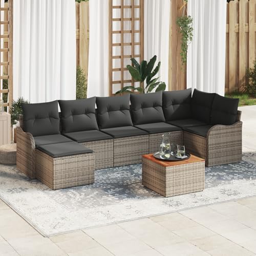 HOMEELIKE 8-teiliges Garten-Sofa-Set mit Kissen Grau Poly Rattan Akazie von HOMEELIKE