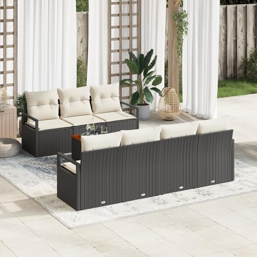 HOMEELIKE 8-teiliges Garten-Sofa-Set mit Kissen in Schwarz aus Poly-Rattan und Akazie von HOMEELIKE