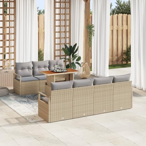HOMEELIKE 8-teiliges Garten-Sofa-Set mit beigen Kissen aus Poly Rattan und Akazie von HOMEELIKE
