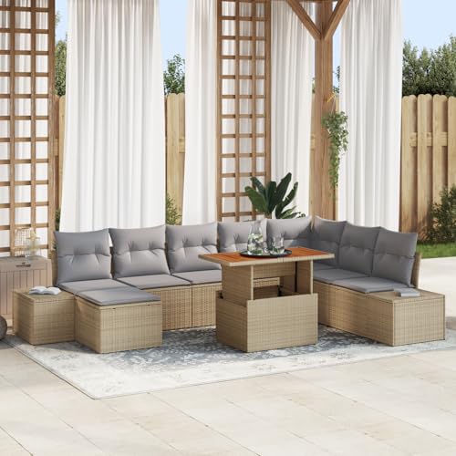 HOMEELIKE 9-TLG. Garten-Essgruppe mit Kissen Beige Poly Rattan Akazie von HOMEELIKE