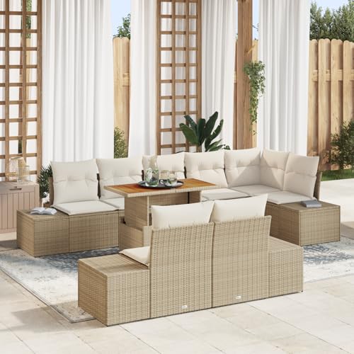 HOMEELIKE 9-TLG. Garten-Essgruppe mit Kissen Beige Poly Rattan Akazie von HOMEELIKE