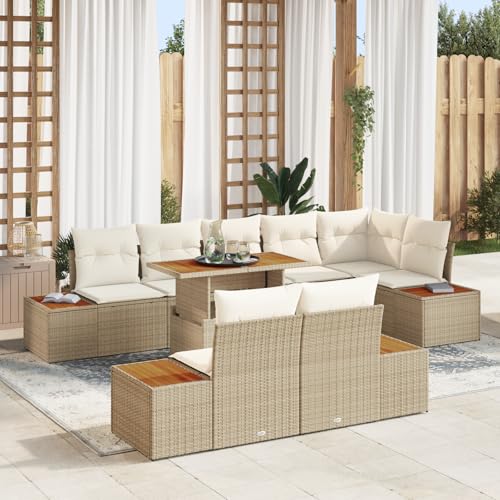 HOMEELIKE 9-TLG. Garten-Essgruppe mit Kissen Beige Poly Rattan Akazie von HOMEELIKE