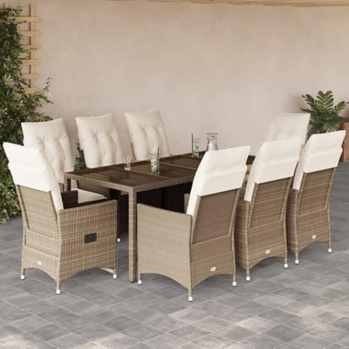 HOMEELIKE 9-TLG. Garten-Essgruppe mit Kissen Beige Poly Rattan von HOMEELIKE