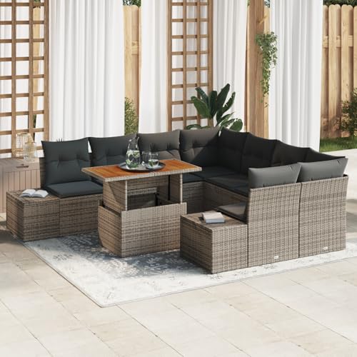 HOMEELIKE 9-TLG. Garten-Essgruppe mit Kissen Grau Poly Rattan Akazie von HOMEELIKE