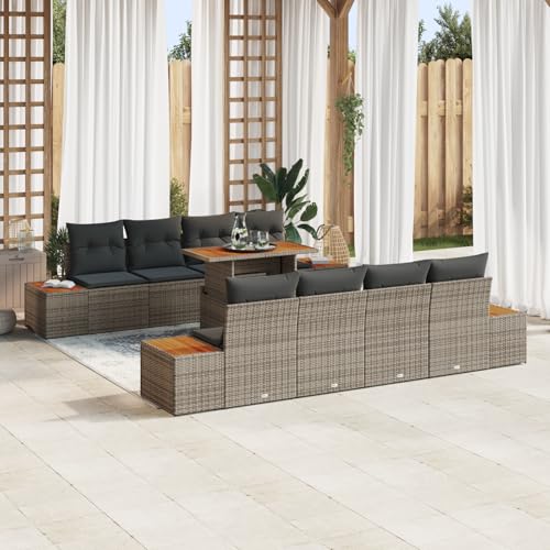 HOMEELIKE 9-TLG. Garten-Essgruppe mit Kissen Grau Poly Rattan Akazie von HOMEELIKE