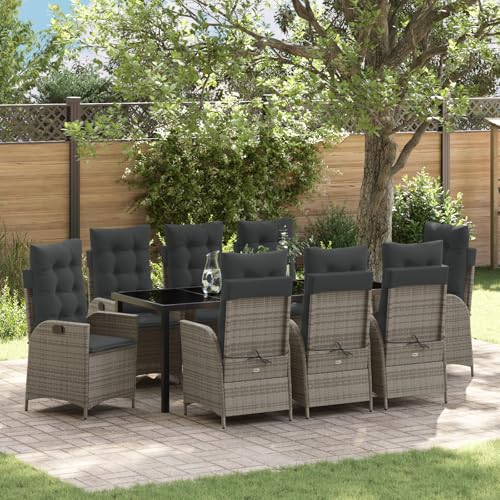 HOMEELIKE 9-TLG. Garten-Essgruppe mit Kissen Grau Poly Rattan von HOMEELIKE