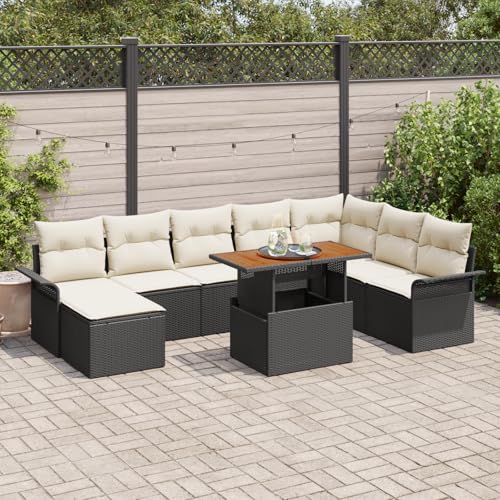 HOMEELIKE 9-TLG. Garten-Essgruppe mit Kissen Schwarz Poly Rattan Akazie von HOMEELIKE