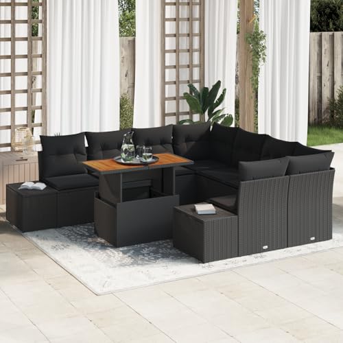 HOMEELIKE 9-TLG. Garten-Essgruppe mit Kissen Schwarz Poly Rattan Akazie von HOMEELIKE