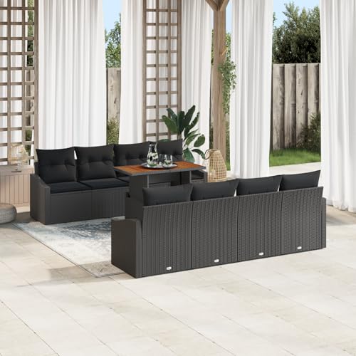 HOMEELIKE 9-TLG. Garten-Essgruppe mit Kissen Schwarz Poly Rattan Akazie von HOMEELIKE