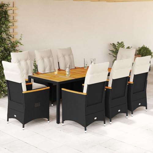 HOMEELIKE 9-TLG. Garten-Essgruppe mit Kissen Schwarz Poly Rattan von HOMEELIKE