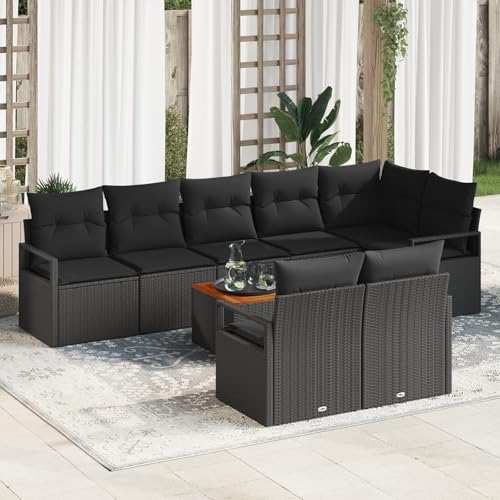 HOMEELIKE 9-Teiliges Garten Sofa Set mit Kissen Schwarz Poly Rattan Akazie von HOMEELIKE