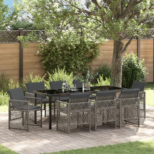 HOMEELIKE 9-teilige Garten Essgruppe mit Kissen Grau Poly Rattan von HOMEELIKE