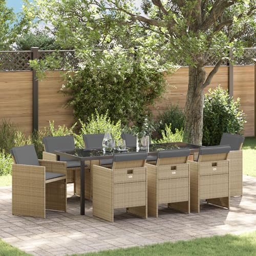 HOMEELIKE 9-teilige Garten-Essgruppe mit Kissen in Beige aus Poly-Rattan von HOMEELIKE