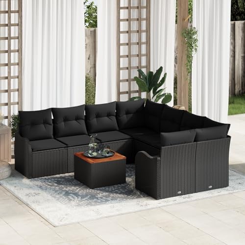 HOMEELIKE 9-teilige Garten Sofa Set mit Kissen Schwarz Poly Rattan Akazie von HOMEELIKE