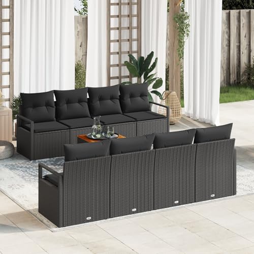 HOMEELIKE 9-teilige Garten Sofa Set mit Kissen Schwarz Poly Rattan Akazie von HOMEELIKE