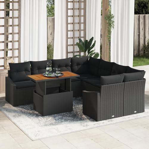 HOMEELIKE 9-teiliges Garten-Dinner-Set mit Kissen ¨C Schwarz aus Poly-Rattan und Akazie von HOMEELIKE