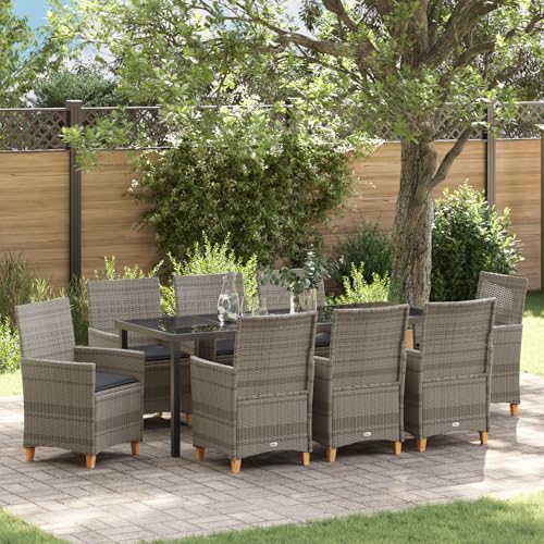 HOMEELIKE 9-teiliges Garten-Essset mit Kissen, Grau, Poly-Rattan von HOMEELIKE