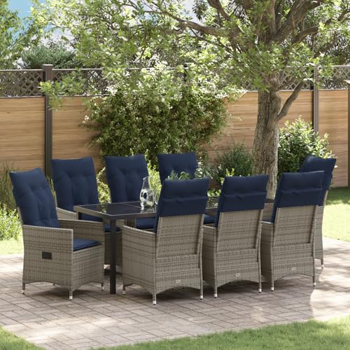 HOMEELIKE 9-teiliges Garten Esstisch Set mit Kissen Graues Poly-Rattan von HOMEELIKE