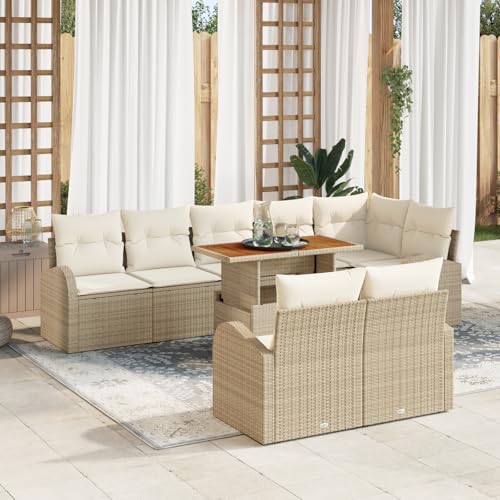 HOMEELIKE 9-teiliges Garten Esszimmer Set mit Kissen Beige Poly Rattan Akazie von HOMEELIKE