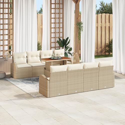 HOMEELIKE 9-teiliges Garten Esszimmer Set mit Kissen Beige Poly Rattan Akazie von HOMEELIKE