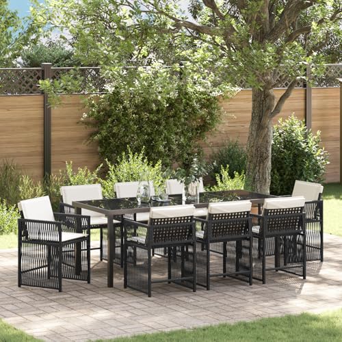 HOMEELIKE 9-teiliges Garten Esszimmer Set mit Kissen in Schwarz aus Poly Rattan von HOMEELIKE