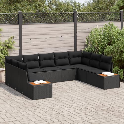 HOMEELIKE 9-teiliges Garten-Sofa-Set mit Kissen, schwarzes Poly-Rattan & Akazie von HOMEELIKE