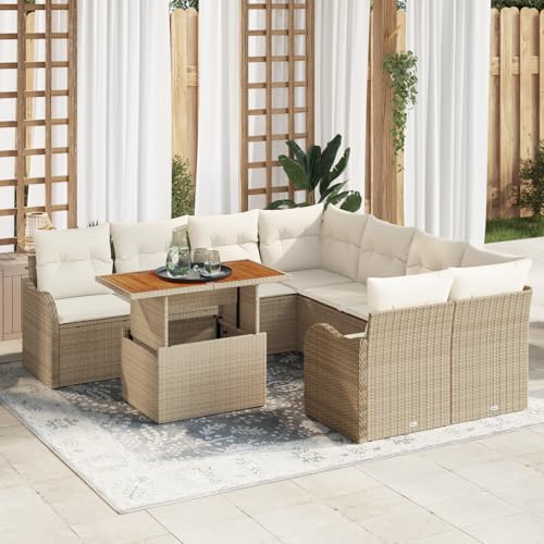 HOMEELIKE 9-teiliges Garten Sofa Set mit Kissen Beige Poly Rattan Akazie von HOMEELIKE