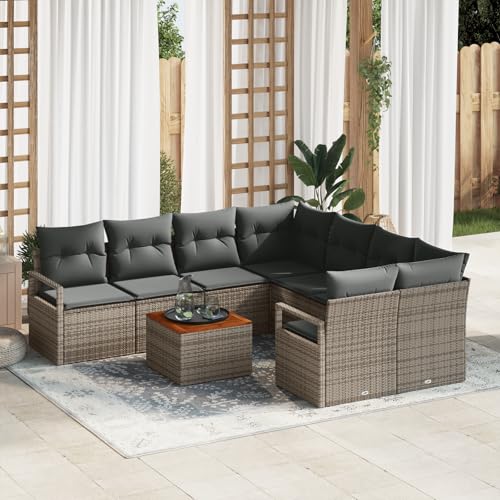 HOMEELIKE 9-teiliges Garten-Sofa-Set mit Kissen Grau Poly Rattan Akazie von HOMEELIKE