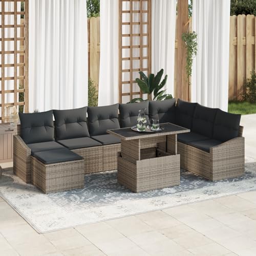 HOMEELIKE 9-teiliges Garten-Sofa-Set mit Kissen Grau Poly Rattan von HOMEELIKE