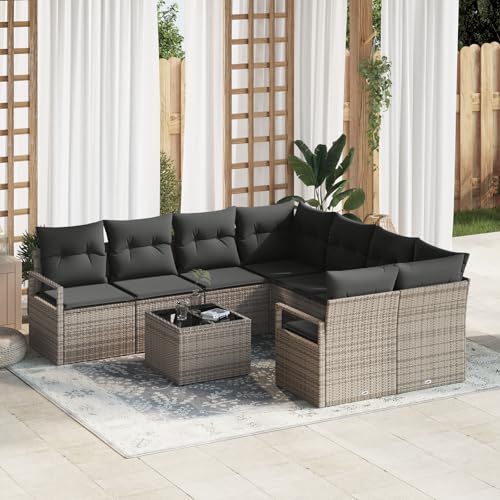 HOMEELIKE 9-teiliges Garten Sofa Set mit Kissen Grau Poly Rattan von HOMEELIKE