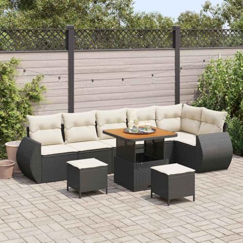 HOMEELIKE 9-teiliges Garten-Sofa-Set mit Kissen - Schwarz, Poly Rattan & Akazienholz, f¨¹r bis zu 4 Personen auf Balkon oder Garten von HOMEELIKE