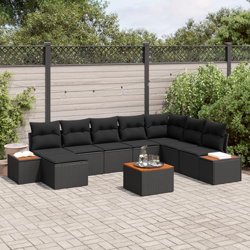 HOMEELIKE 9-teiliges Garten-Sofa-Set mit Kissen Schwarz Poly Rattan Akazie von HOMEELIKE