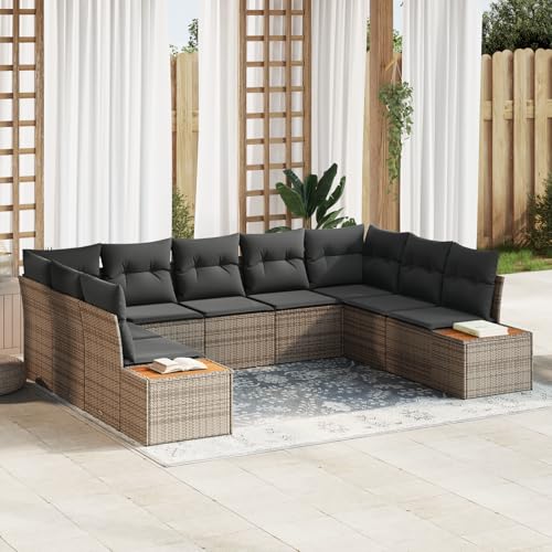 HOMEELIKE 9-teiliges Garten-Sofa-Set mit Kissen aus grauem Poly-Rattan und Akazie. von HOMEELIKE