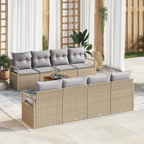 HOMEELIKE 9-teiliges Garten Sofa Set mit Kissen beige Poly Rattan Akazie von HOMEELIKE