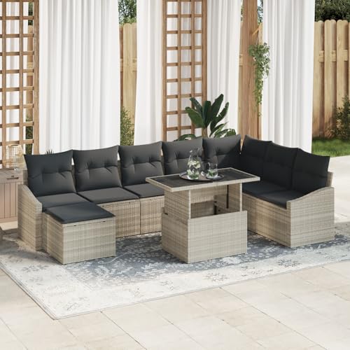 HOMEELIKE 9-teiliges Garten-Sofa-Set mit Kissen in Hellgrau Poly-Rattan von HOMEELIKE