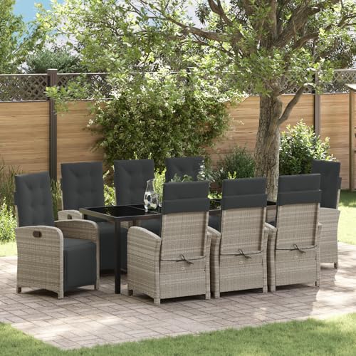 HOMEELIKE 9-teiliges Garten-Speiseset mit Kissen aus hellgrauem Poly-Rattan von HOMEELIKE