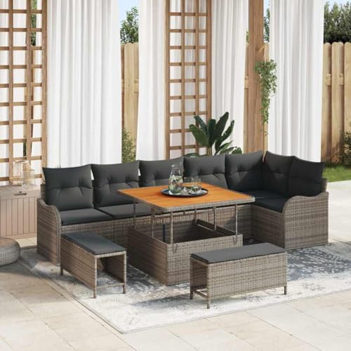 HOMEELIKE 9-teiliges Gartensofa-Set mit Kissen in Grau aus Poly-Rattan und Akazie HOMEELIKE 9-teiliges Gartensofa-Set mit Kissen in Grau aus Poly-Rattan und Akazie von HOMEELIKE