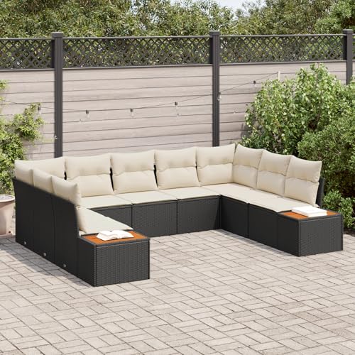 HOMEELIKE 9-teiliges Gartensofa-Set mit Kissen - schwarzes Poly-Rattan & Akazie von HOMEELIKE